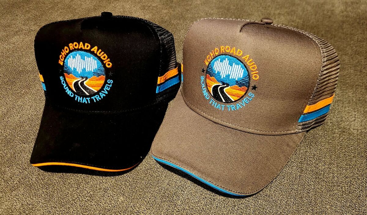 Echo Road trucker caps in black and grey with embroidered Echo Road Audio logo